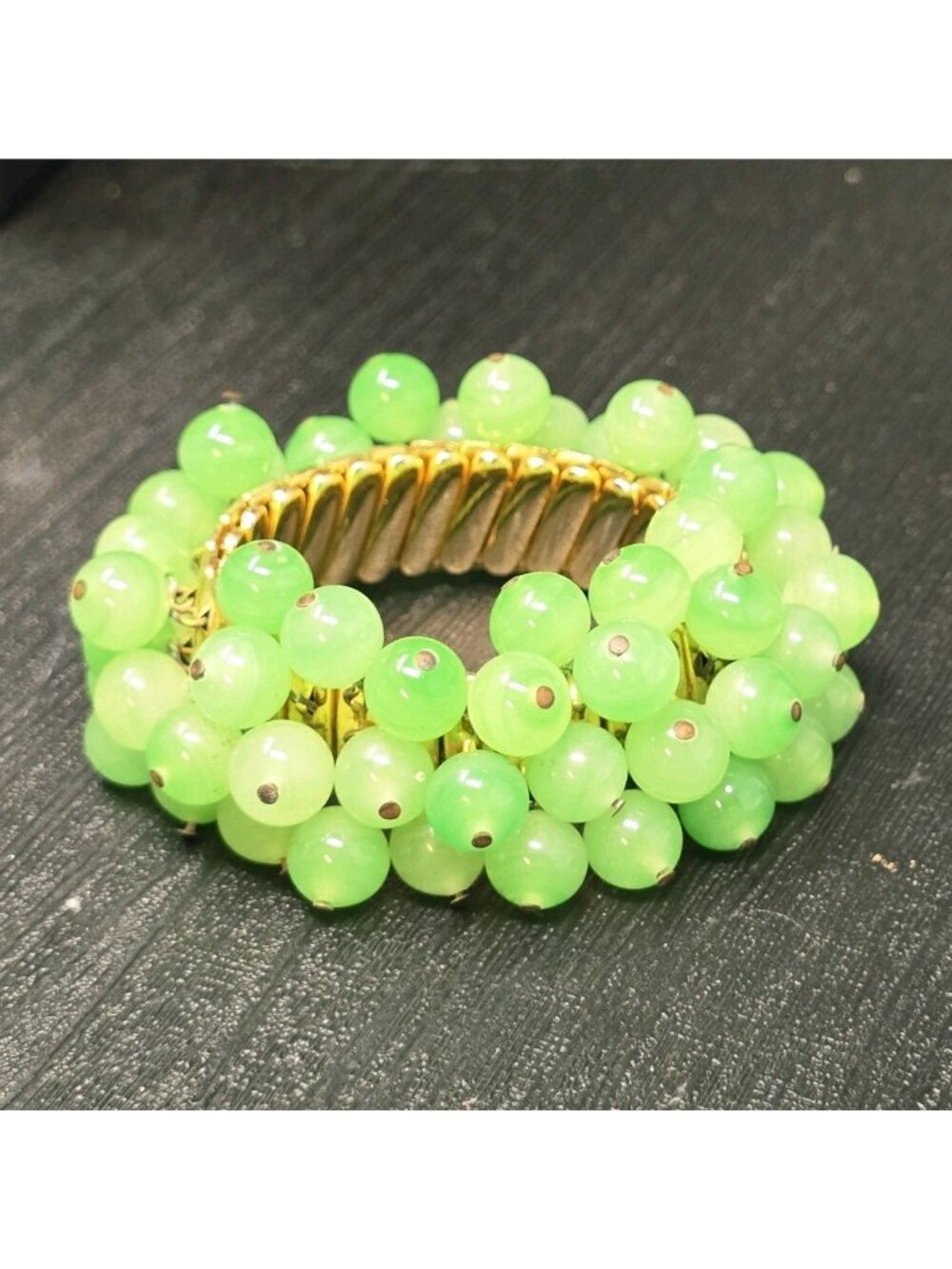 VTG 1950s Cha Cha Expansion Bracelet Jade Jadeite Beads Gold Tone Unsigned